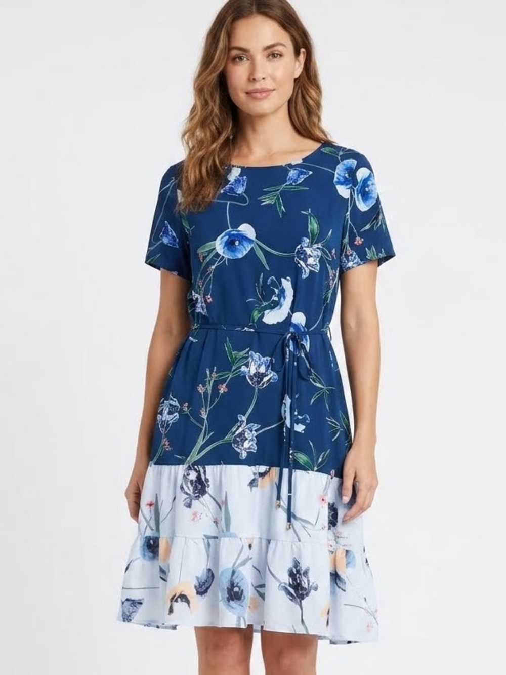 XL Ivanka Trump Navy Floral Print Wrap Dress with Ruffled Hem